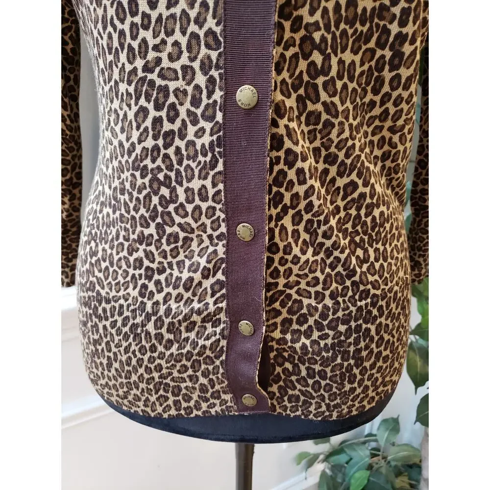Michael Kors Cardigan Women‎ P/S Brown Leopard Print Long Sleeve Button Front